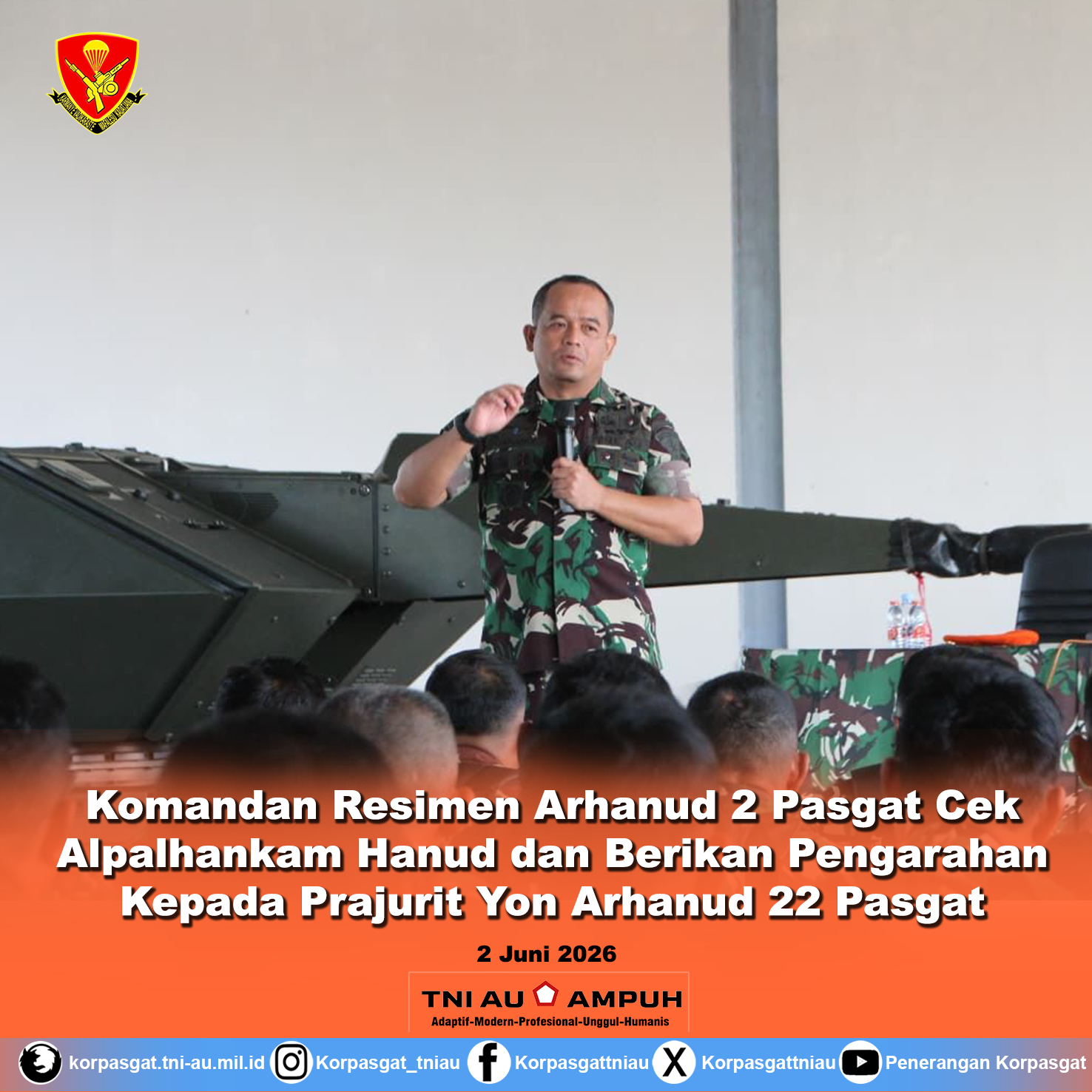 Komandan Resimen Arhanud 2 Pasgat Cek Alpalhankam Hanud dan Berikan Pengarahan Kepada Prajurit Yon Arhanud 22 Pasgat