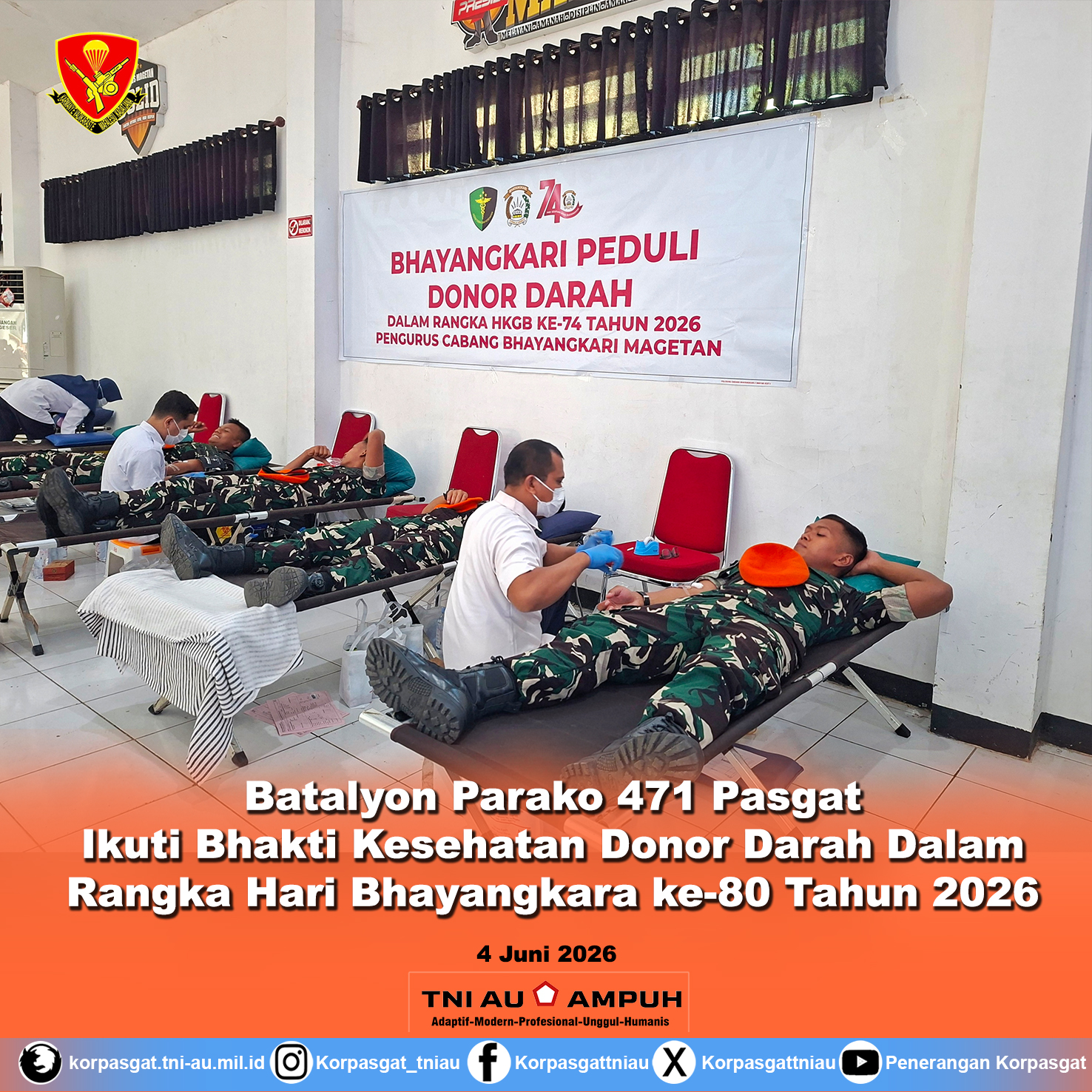 Batalyon Parako 471 Pasgat  Ikuti Bhakti Kesehatan Donor Darah Dalam Rangka Hari Bhayangkara ke-80 Tahun 2026