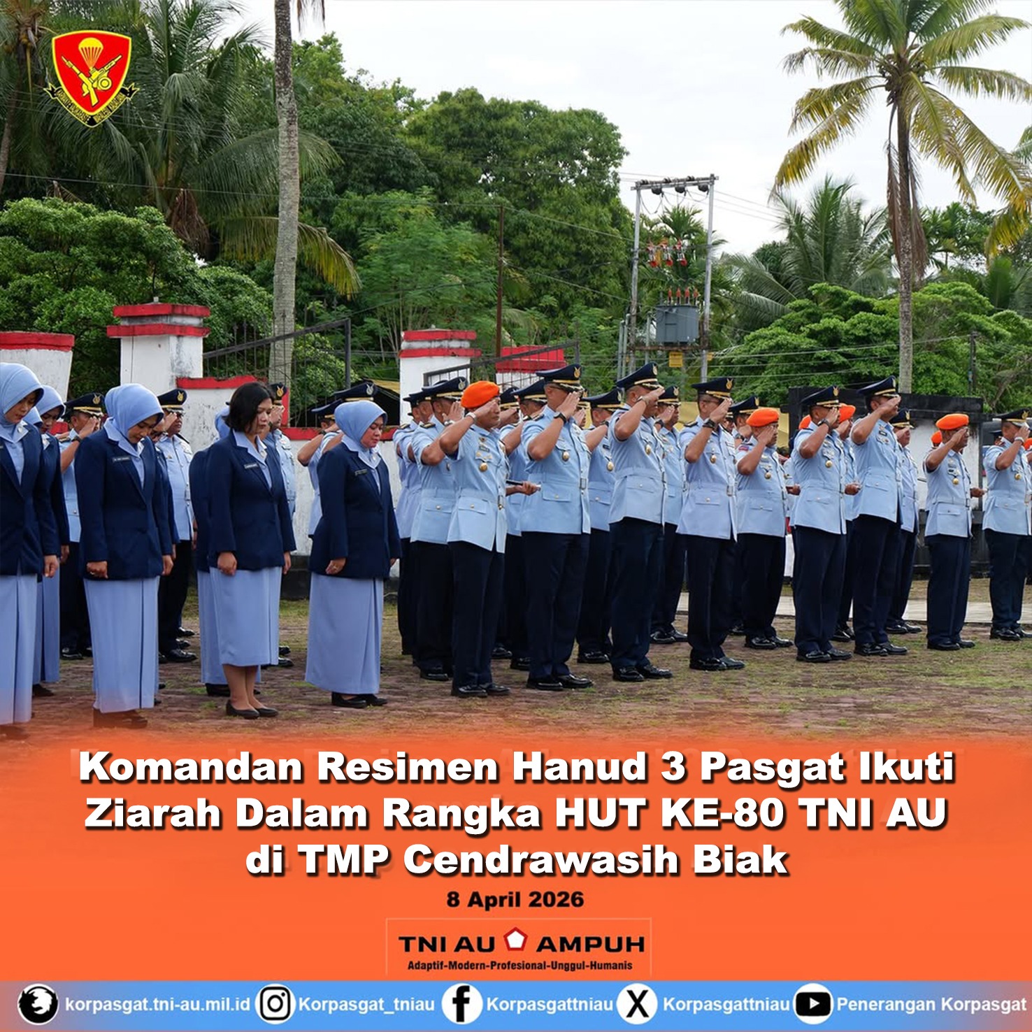 Komandan Resimen Hanud 3 Pasgat Ikuti Ziarah Dalam Rangka HUT KE-80 TNI AU di TMP Cendrawasih Biak