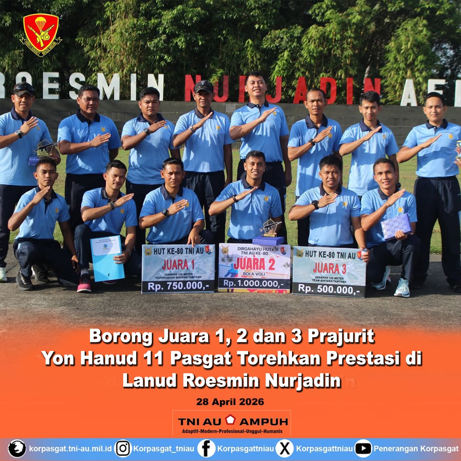 Borong Juara 1, 2 dan 3 Prajurit Yon Hanud 11 Pasgat Torehkan Prestasi di Lanud Roesmin Nurjadin