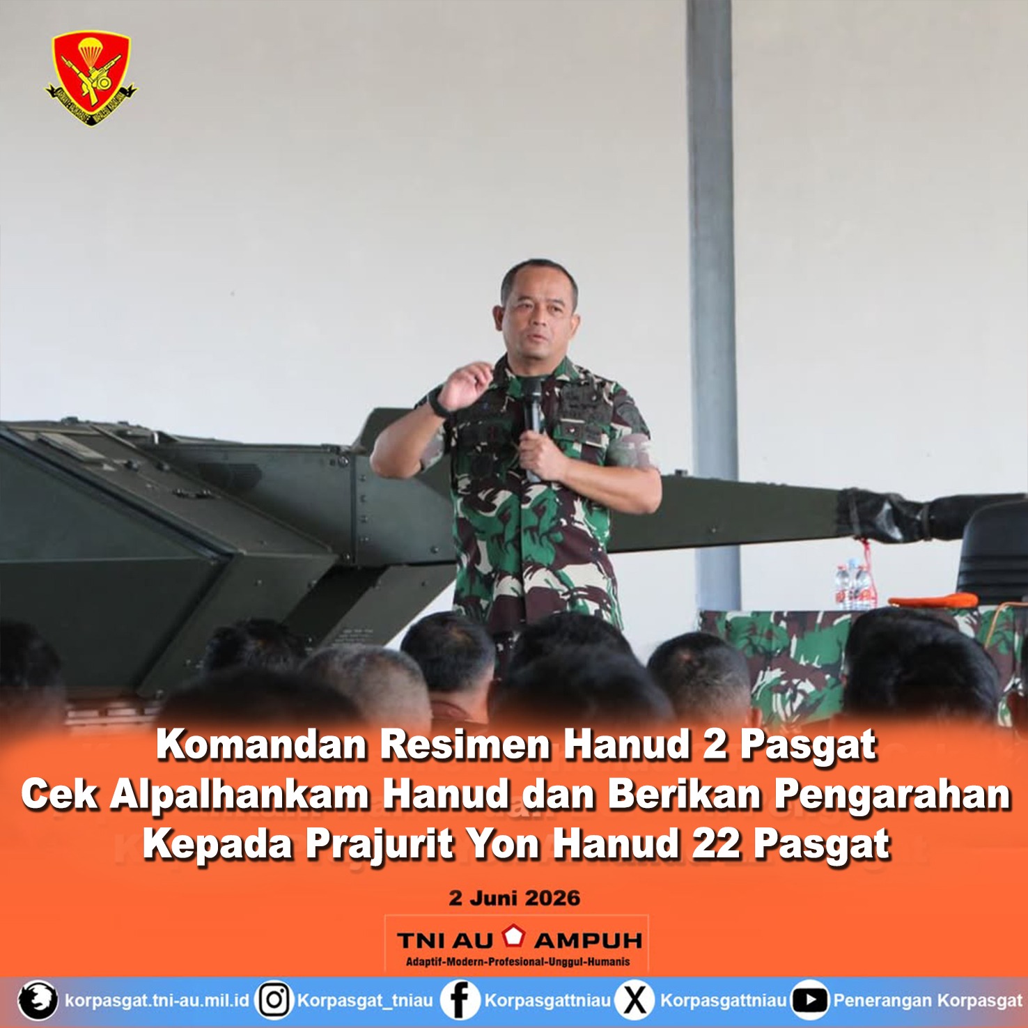 Komandan Resimen Hanud 2 Pasgat Cek Alpalhankam Hanud dan Berikan Pengarahan Kepada Prajurit Yon Hanud 22 Pasgat