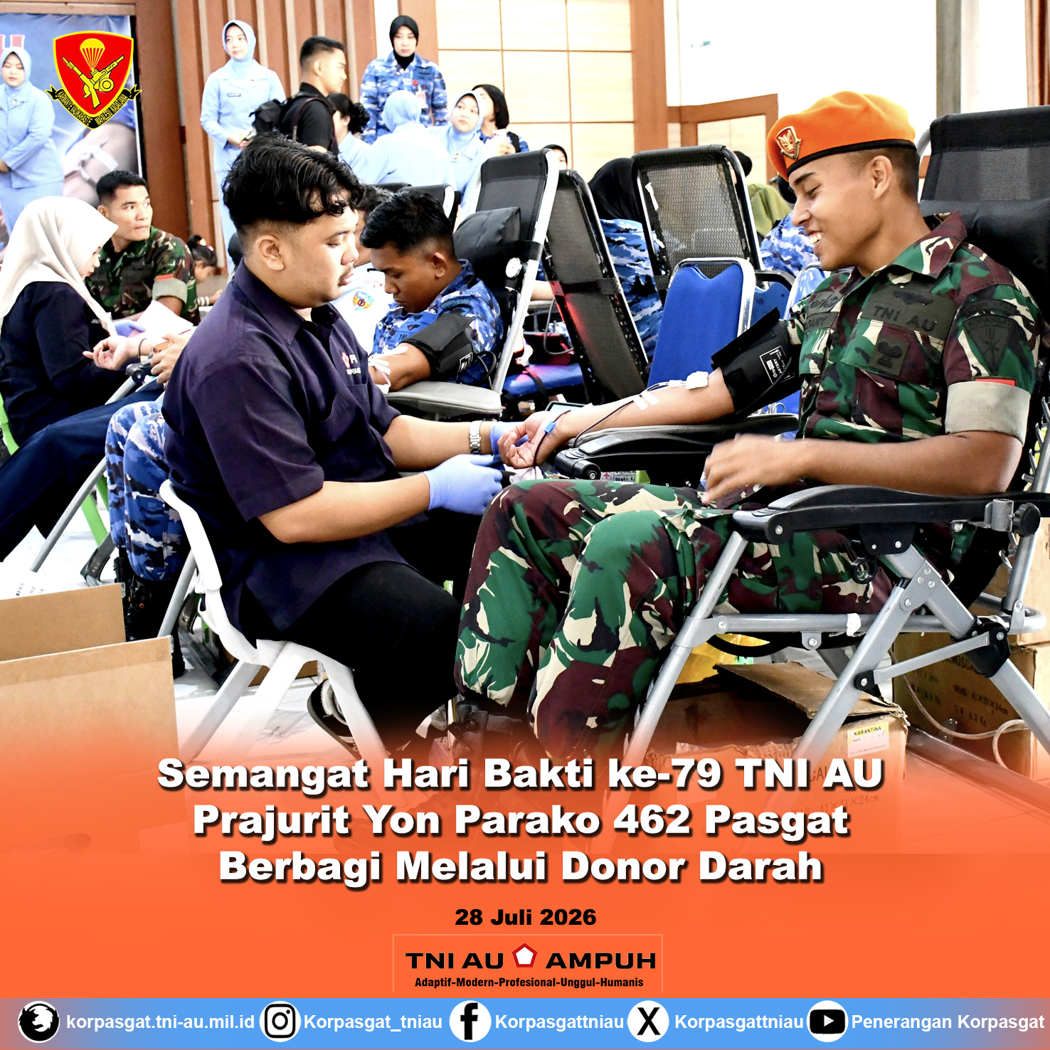 Semangat Hari Bakti ke-79 TNI AU, Prajurit Yon Parako 462 Pasgat Berbagi Melalui Donor Darah