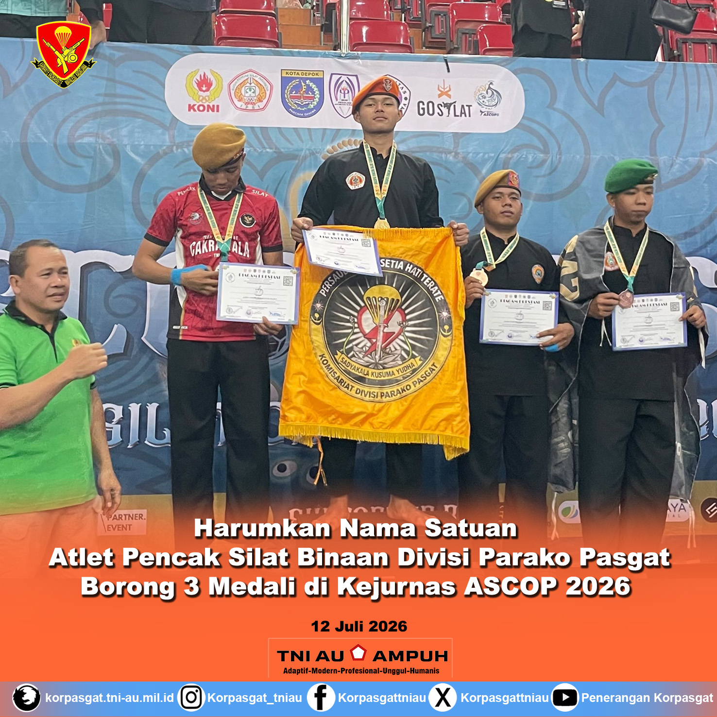 Harumkan Nama Satuan, Atlet Pencak Silat Binaan Divisi Parako Pasgat Borong 3 Medali di Kejurnas ASCOP 2026