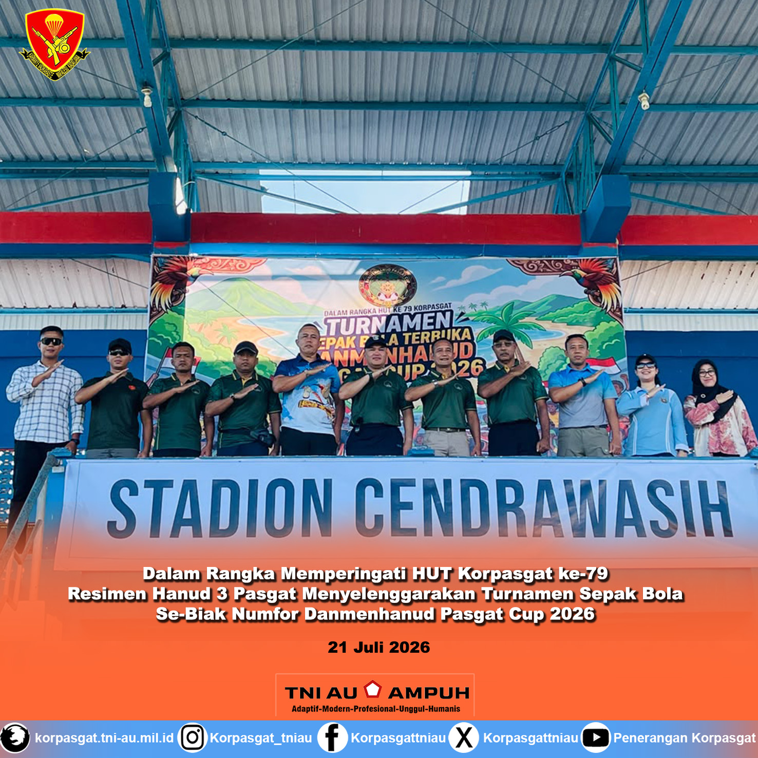 Dalam Rangka Memperingati HUT – Korpasgat ke-79 Resimen Hanud 3 Pasgat Menyelenggarakan Turnamen Sepak Bola Se-Biak Numfor Danmenhanud Pasgat Cup 2026 Dalam Rangka Memperingati HUT – Korpasgat ke-79 Resimen Hanud 3 Pasgat Menyelenggarakan Turnamen Sepak Bola Se-Biak Numfor Danmenhanud Pasgat Cup 2026