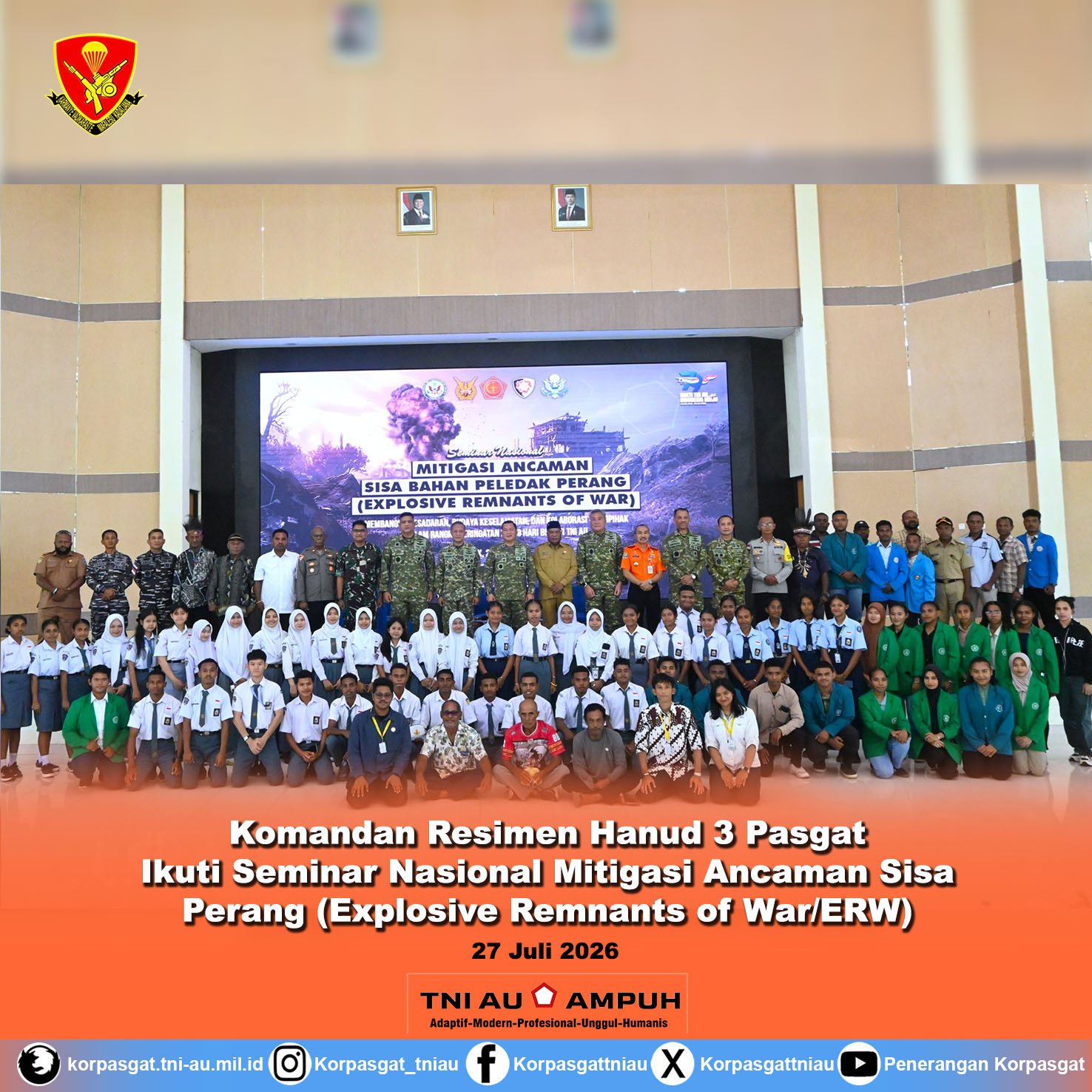 Komandan Resimen Hanud 3 Pasgat Ikuti Seminar Nasional Mitigasi Ancaman SisaPerang (Explosive Remnants of War/ERW)