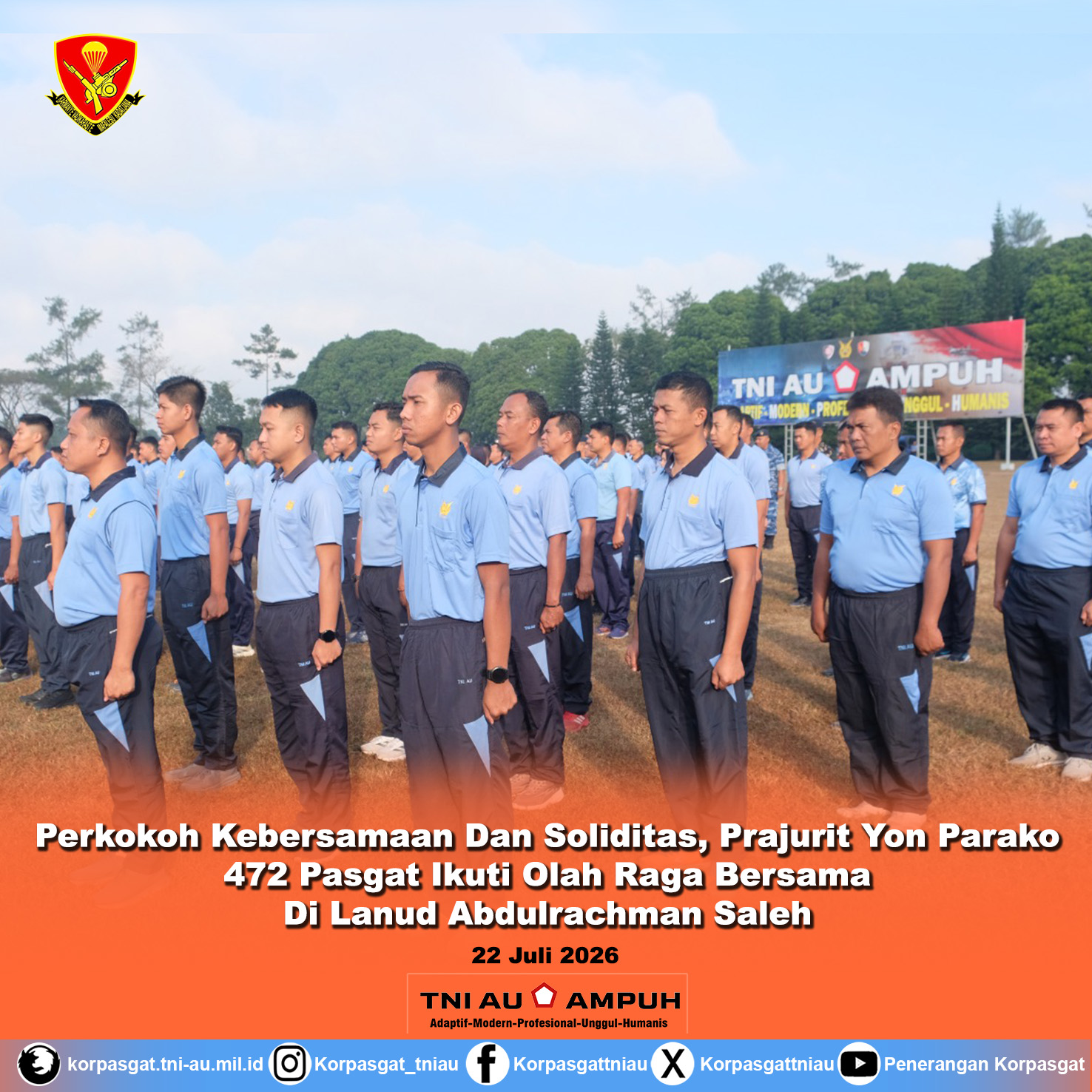 Perkokoh Soliditas, Prajurit Yon Parako 472 Pasgat Ikuti Olahraga Bersama di Lanud Abdulrachman Saleh