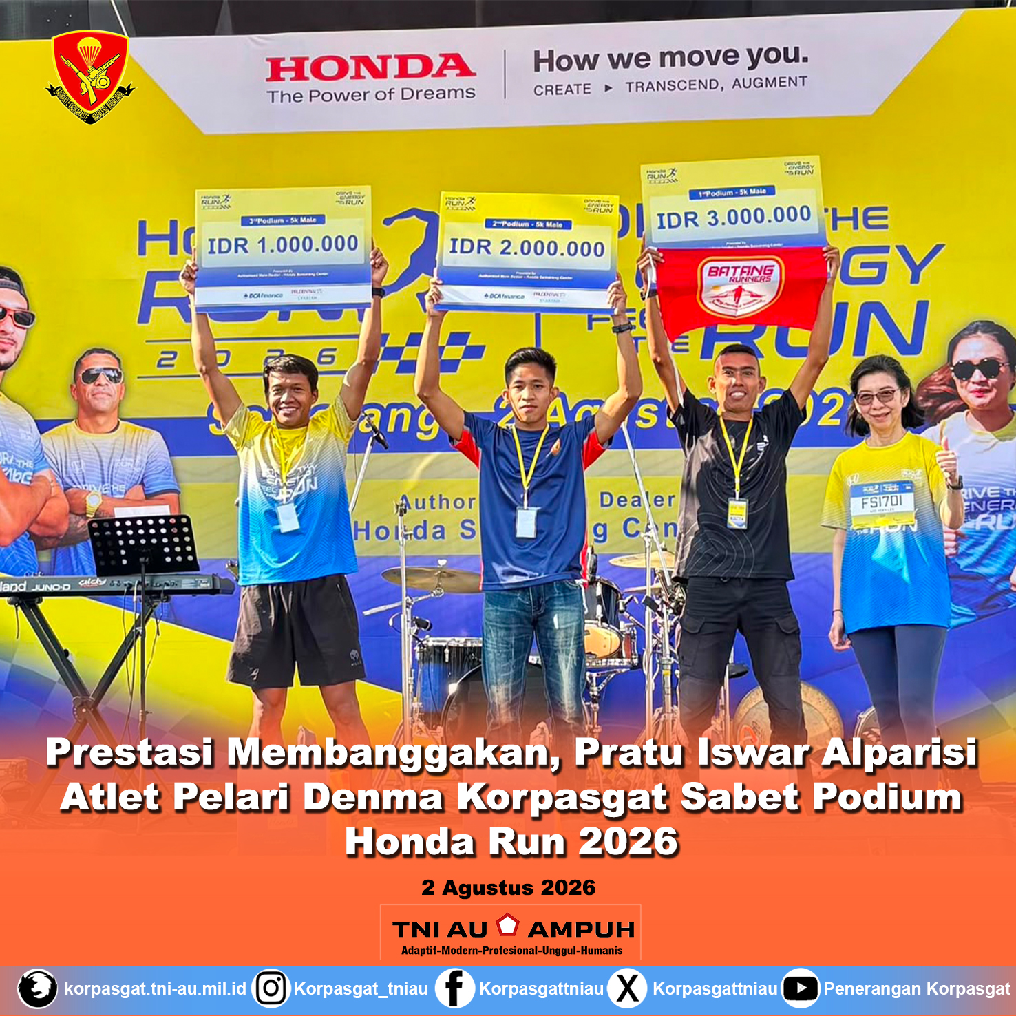 Prestasi Membanggakan, Pratu Iswar Alparisi Atlet Pelari Denma Korpasgat Sabet Podium Honda Run 2026