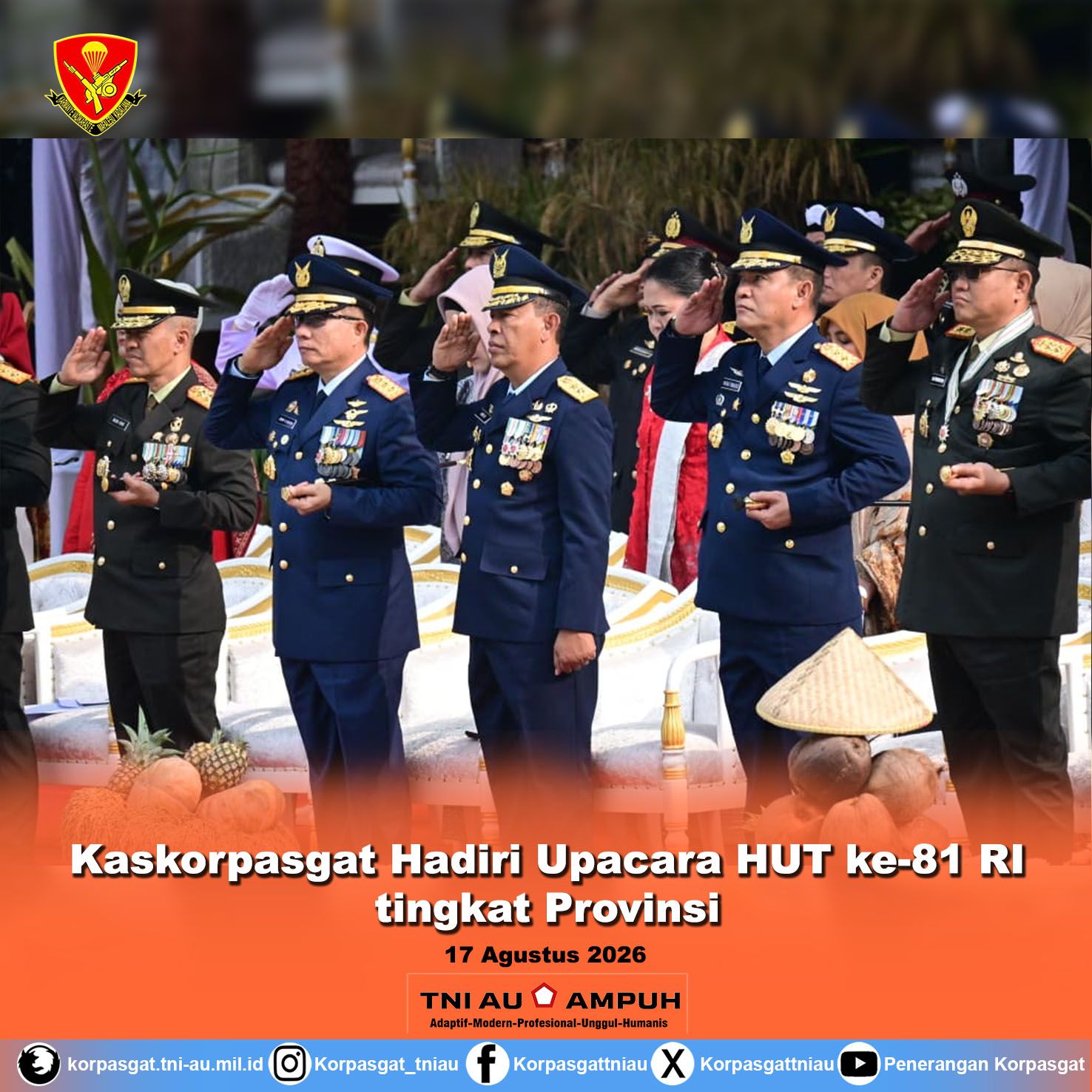 Kaskorpasgat Hadiri Upacara HUT ke-81 RI Tingkat Jawa Barat