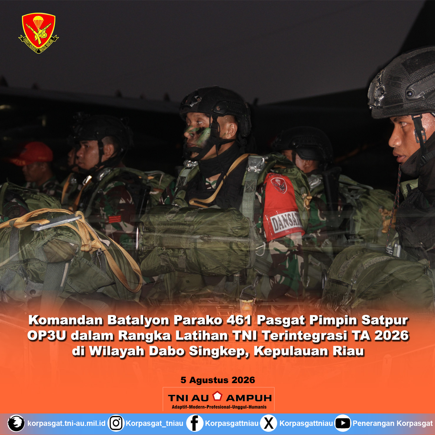 Komandan Batalyon Parako 461 Pasgat Pimpin Satpur OP3U dalam Rangka Latihan TNI Terintegrasi TA 2026 di Wilayah Dabo Singkep, Kepulauan Riau Komandan Batalyon Parako 461 Pasgat Pimpin Satpur OP3U dalam Rangka Latihan TNI Terintegrasi TA 2026 di Wilayah Dabo Singkep, Kepulauan Riau