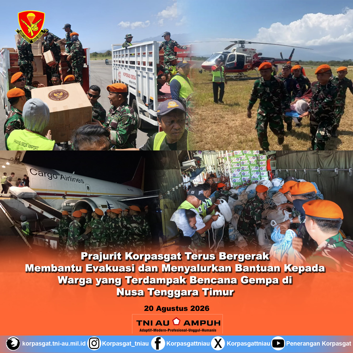Prajurit Korpasgat Terus Bergerak Membantu Evakuasi dan Menyalurkan Bantuan Kepada Warga yang Terdampak Bencana Gempa di Nusa Tenggara Timur