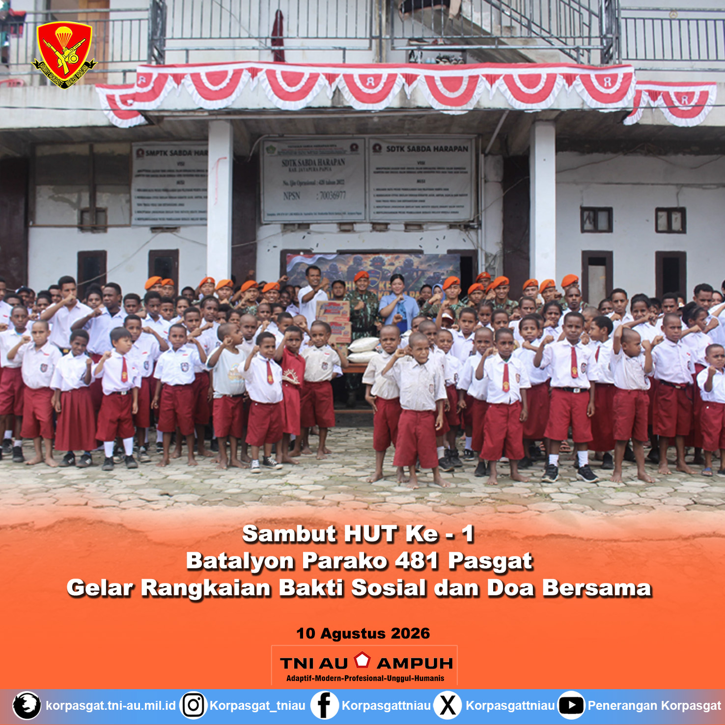 Sambut HUT Ke-1, Batalyon Parako 481 Pasgat Gelar Rangkaian Bakti Sosial dan Doa Bersama