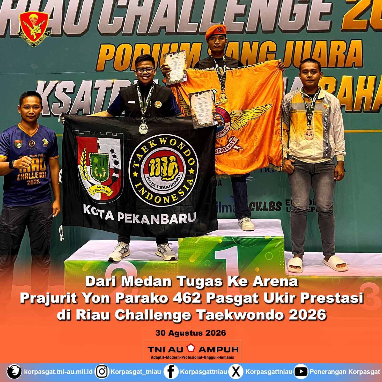 Dari Medan Tugas Ke Arena Prajurit Yon Parako 462 Pasgat Ukir Prestasi Di Riau Challenge Taekwondo 2026