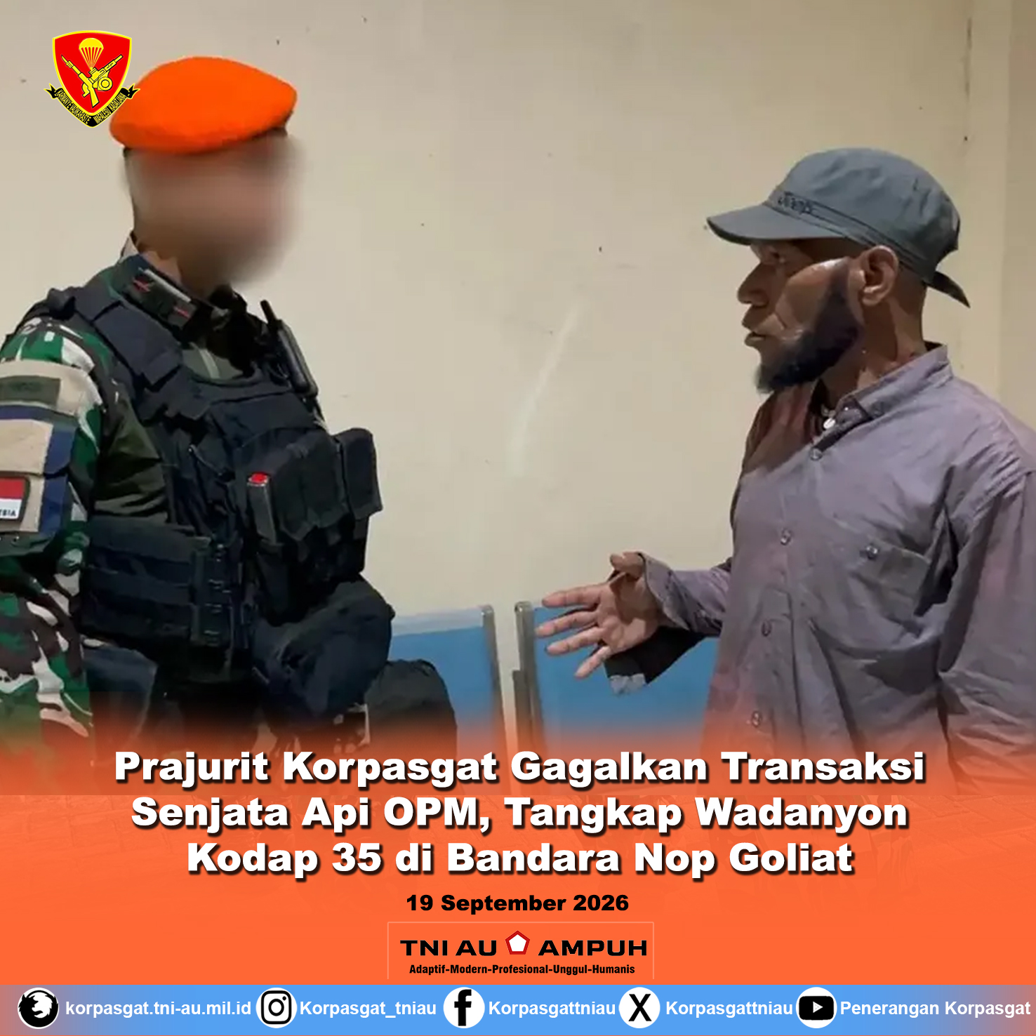 Prajurit Korpasgat Gagalkan Transaksi Senjata Api OPM, Tangkap Wadanyon Kodap 35 di Bandara Nop Goliat