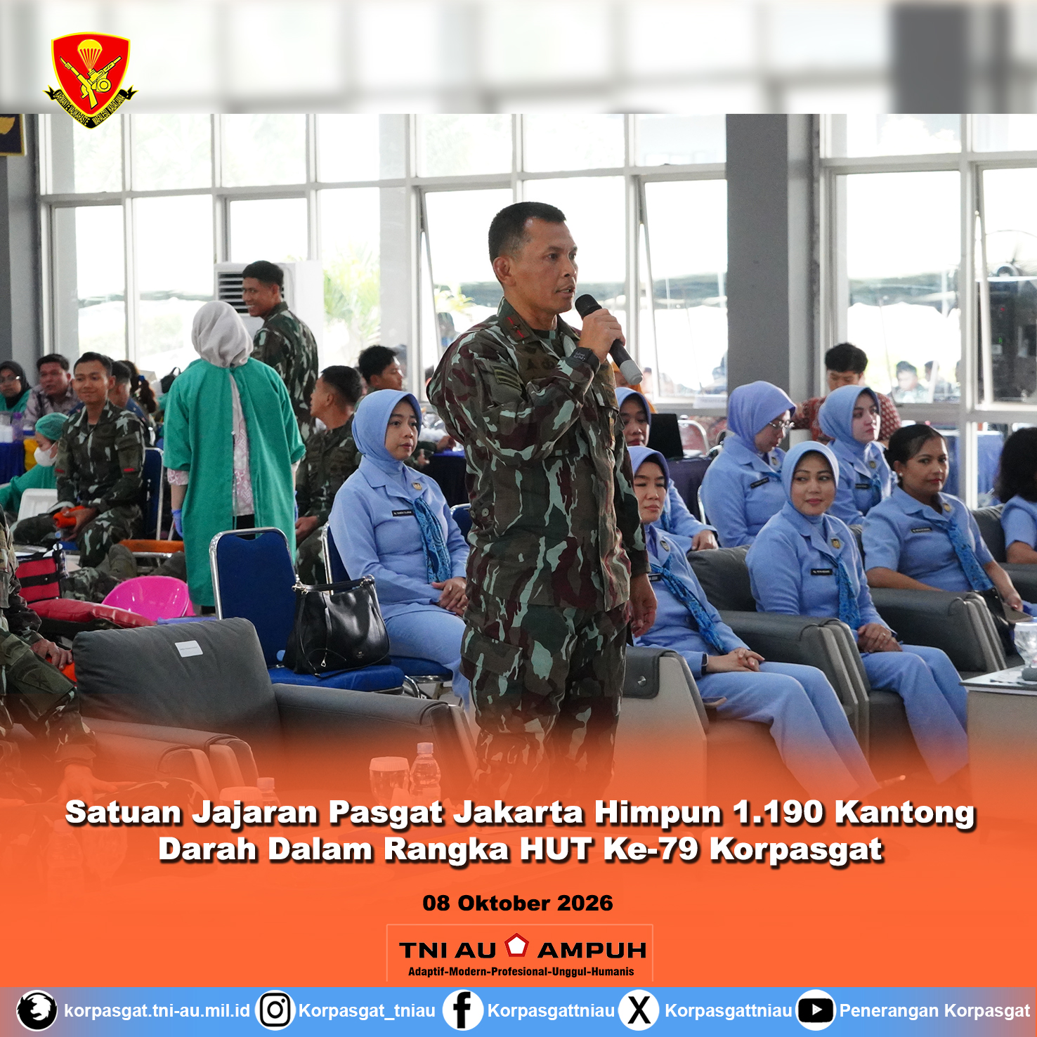 Satuan Jajaran Pasgat Jakarta Himpun 1.190 Kantong Darah Dalam Rangka HUT Ke-79 Korpasgat