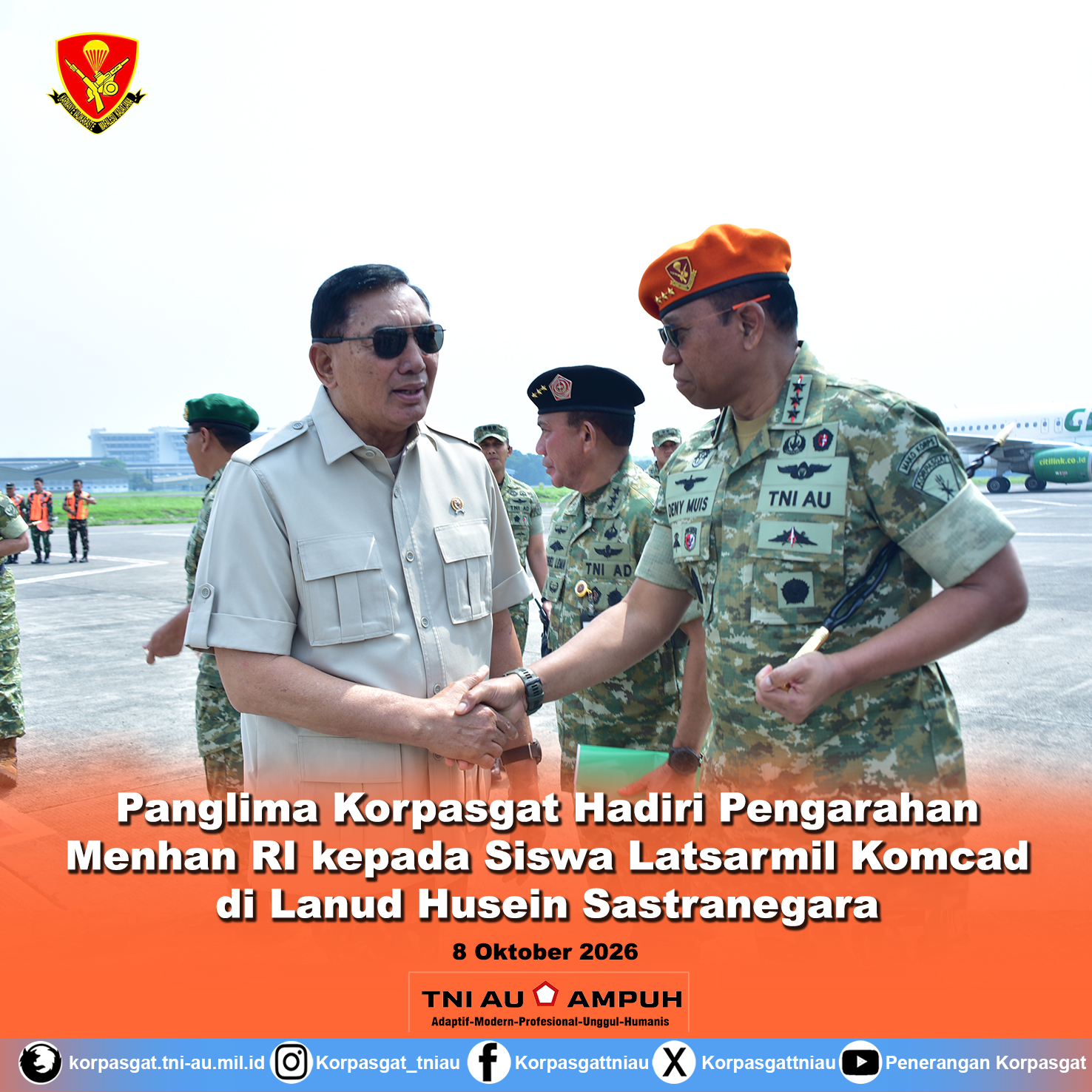 Panglima Korpasgat Hadiri Pengarahan Menhan RI kepada Siswa Latsarmil Komcad di Lanud Husein Sastranegara